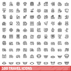 Obraz na płótnie Canvas 100 travel icons set. Outline illustration of 100 travel icons vector set isolated on white background