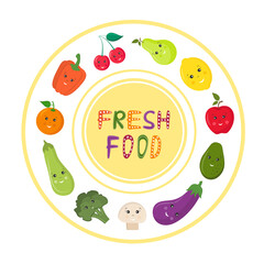 Fresh healthy vegetables and fruits on a plate. Cute childish food vector illustration. Healthy lifestyle illustration for print, web. Smiling vegetarian food.