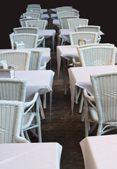 row of restaurant tables set