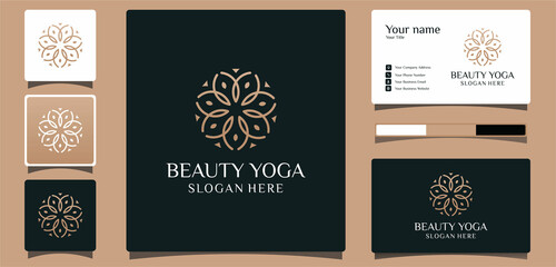 yoga line art style beauty flower logo design template and business card design