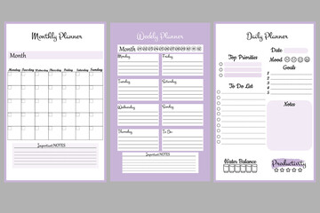 Set of minimalistic planners. Daily, weekly, monthly planner template. A cute and simple printable to-do list. Design in purple colors. - obrazy, fototapety, plakaty