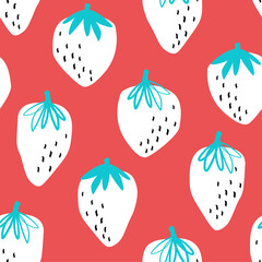 Seamless pattern with strawberries. Trendy berries with seeds dots are repeated on a red background. Abstract fruit print. Vector graphics.