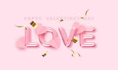 Valentines day card with word love. Realistic 3d inscription love with gold glitter confetti