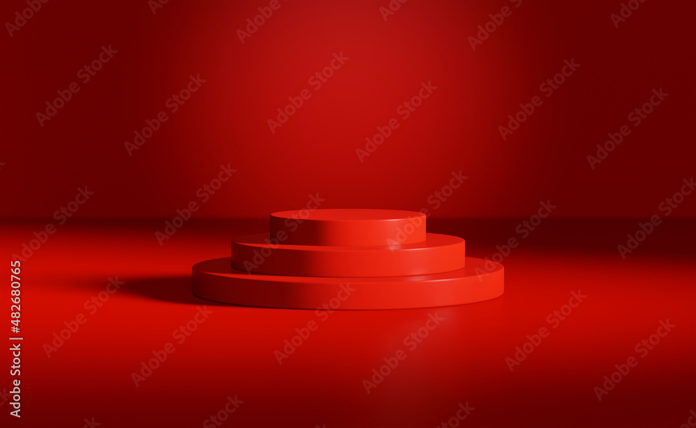 Wall mural Red podium platform for product presentation. 3d rendering luxury pedestal stand show. Empty tabletop stage studio scene background with spotlight.