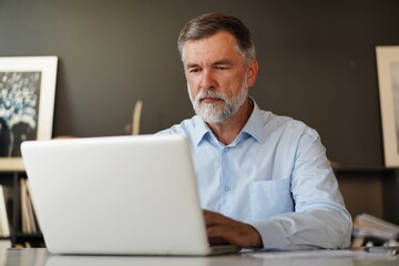 Portrait of senior man with grey hair working with laptop in office.