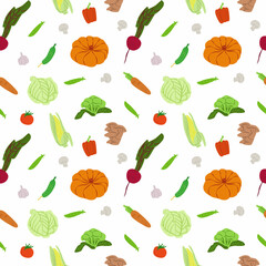 Vector seamless pattern with vegetables. Fresh farm harvest. Design of wrapping paper, textiles, paper. Pattern for the kitchen.