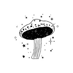 Vector Illustration with Hand Drawn Mushroom with Stars. Abstract Mystic Sign. Magic Design Illustration.