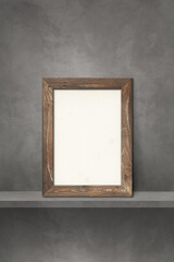 Wooden picture frame leaning on a grey shelf. 3d illustration. Vertical background