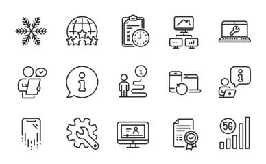 Technology icons set. Included icon as Customer survey, Laptop repair, Smartphone recovery signs. Online video, Snowflake, 5g wifi symbols. Customisation, Certificate, Recovery devices. Vector