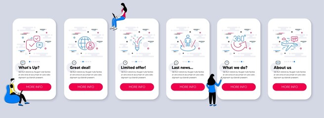 Set of Business icons, such as Online voting, Inspiration, 360 degrees icons. UI phone app screens with teamwork. Augmented reality, International recruitment, Vip flight line symbols. Vector