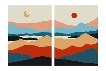Abstract landscape minimalist posters. Nature contemporary mountain prints, hand drawn background set. Vector illustration