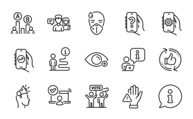People icons set. Included icon as Brand ambassador, Help app, People talking signs. Refresh like, App settings, Farsightedness symbols. Dont touch, Ab testing, Online access. Sick man. Vector