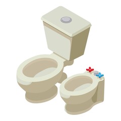 Plumbing icon isometric vector. New modern ceramic toilet bowl and bidet icon. Toilet, restroom, lavatory equipment