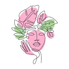 Portrait woman face with flowers line vector drawing. Beauty fashion minimalist simple linear style