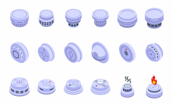 Smoke detector icons set isometric vector. Alarm celling. Fire accident