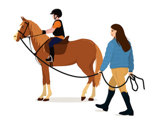 vector illustration of a child sitting on a horse held on a leash by a young woman. The topic of equestrian training