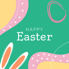 Design template on colorful backdrop. Poster, card, banner design. Happy easter card. Easter eggs, rabbit. Vector illustration