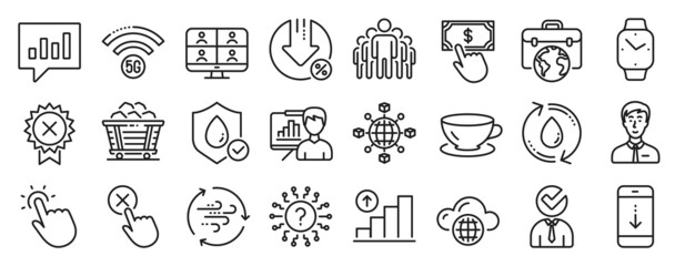 Set of Business icons, such as Loan percent, Reject click, Question mark icons. Wind energy, Analytical chat, Logistics network signs. 5g wifi, Cloud computing, Reject medal. Coal trolley. Vector