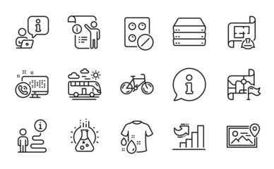 Business icons set. Included icon as Engineering plan, Bicycle, Chemistry lab signs. Bus travel, Web call, Servers symbols. Destination flag, Manual doc, Growth chart. Wash t-shirt. Vector
