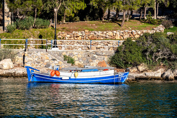 Old traditional wooden fishing boat by the sea, Greek islands, Greece