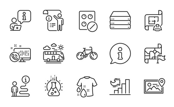 Business icons set. Included icon as Engineering plan, Bicycle, Chemistry lab signs. Bus travel, Web call, Servers symbols. Destination flag, Manual doc, Growth chart. Wash t-shirt. Vector