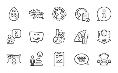 Technology icons set. Included icon as Ph neutral, Augmented reality, Outsourcing signs. Best chef, Online voting, Quickstart guide symbols. Yummy smile, Vip access, Report document. Vector