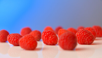 Raspberry fresh fruits photographed against blue background. Raspberries food photography. Details of this tasty forest fruits.
