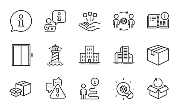 Industrial icons set. Included icon as University campus, Buildings, Warning signs. Engineering team, Parcel, Lift symbols. Lighthouse, Return package, Consolidation. Packing boxes. Vector
