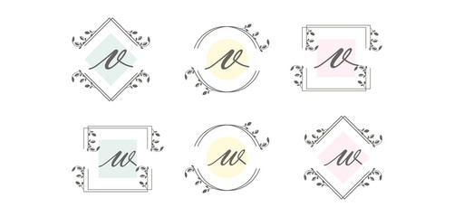 Feminine initial letters V and W with floral frame concept logo template