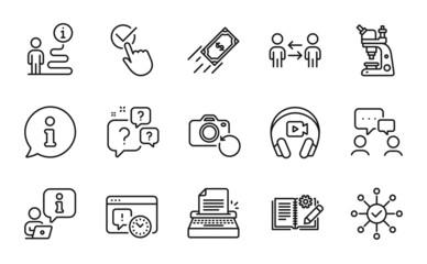 Education icons set. Included icon as Fast payment, People chatting, Recovery photo signs. Project deadline, Typewriter, Checkbox symbols. Survey check, Question bubbles, Teamwork business. Vector