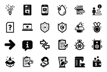 Vector Set of simple icons related to 24 hours, Mint leaves and Megaphone checklist icons. Message, Speakers and Honor signs. Unknown file, Cashback and Coffee machine. Creative idea, Next. Vector