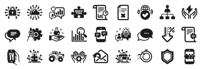 Set of Technology icons, such as Security, Low percent, Reject file icons. Tractor, Cogwheel dividers, Fast recovery signs. Search, Employee hand, Management. Quick tips, Restaurant app. Vector