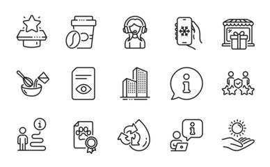 Business icons set. Included icon as Support, Recycle water, Skyscraper buildings signs. Cooking whisk, Gift shop, Dog certificate symbols. Takeaway coffee, View document, Sun protection. Vector