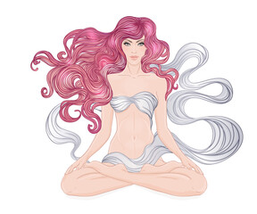 Beautiful Caucasian Girl with long curly hair sitting in Lotus pose over gold ornate pattern on background. Vector illustration. Spa consent, yoga studio, or natural medicine clinic.