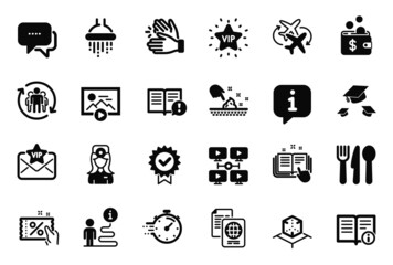 Vector Set of Business icons related to Connecting flight, Augmented reality and Food icons. Throw hats, Message and Clapping hands signs. Technical info, Vip mail and Facts. Certificate. Vector