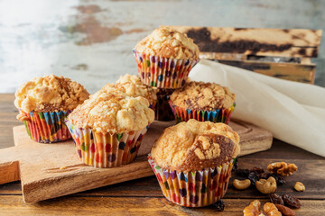 Freshly baked homemade blueberry vanilla muffins on a wooden board. high view, Concept natural food, homemade food.