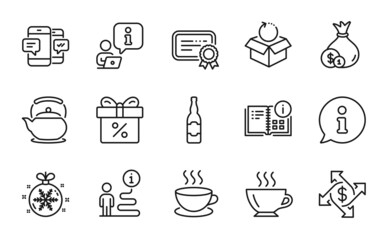 Line icons set. Included icon as Cappuccino, Teapot, Cash signs. Coffee, Christmas ball, Payment exchange symbols. Certificate, Instruction info, Beer bottle. Return package line icons. Vector