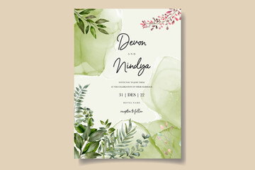 wedding invitation card with beautiful watercolor green leaf decoration