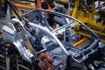Car manufacturing plant, robotic welding line