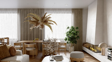 Open plan living room interior with modern wood kitchen, 3d render 

