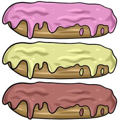 Beautiful large eclairs with different fillings and multicolored fruit glaze, vector illustration , design element