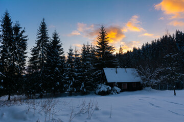 Small wooden cottage in the middle of the forest and a beautiful sunset sky
