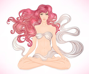 Beautiful Caucasian Girl with long curly blond hair sitting in Lotus pose isolated on white background. Vector illustration. Spa consent, yoga studio, or natural medicine clinic.