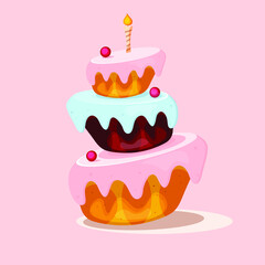 Birthday cake on a pink background with three cakes.