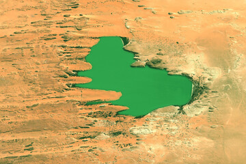 Lakes of Ounianga, looking down aerial view from above, bird’s eye view Ounianga, Sahara Desert,...