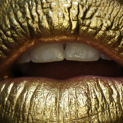 Obraz premium Macro close up gold lips. Gold paint from the mouth. Golden lips on woman mouth with make-up. Sensual and creative design for golden metallic.