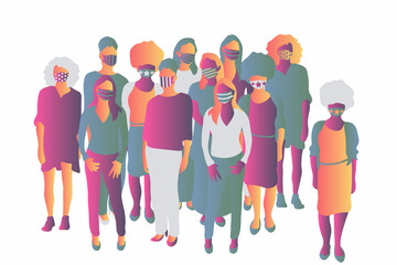Fototapeta premium Women group wearing medical masks abstract illustration. Abstract vector illustration of women crowd. Stylish medical mask, women crowd, Freedom, Independence, Equality. 