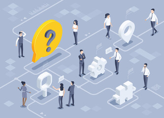 isometric vector illustration on gray background, men and women in business clothes are standing near a text bubble with a question mark, solving a common problem - obrazy, fototapety, plakaty