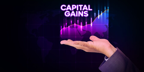 Capital Gains Concept Abstract Background with Man Hovering Graph. Business and Finance Backdrop