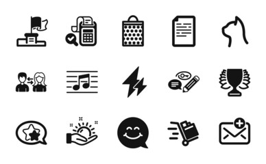 Vector set of Shopping bag, Winner flag and People communication icons simple set. Smile face, Keywords and Bill accounting icons. Electricity, Star and Push cart signs. Vector
